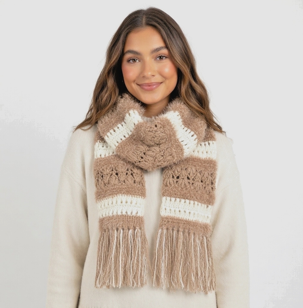 Scarf With Fringe WHBM Women's Scarf Beige Tan White Boho Hippie Neck Warmer